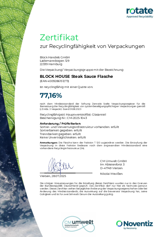 BLOCK HOUSE Kreislaufwirtschaft Zertifikat Steak Sauce