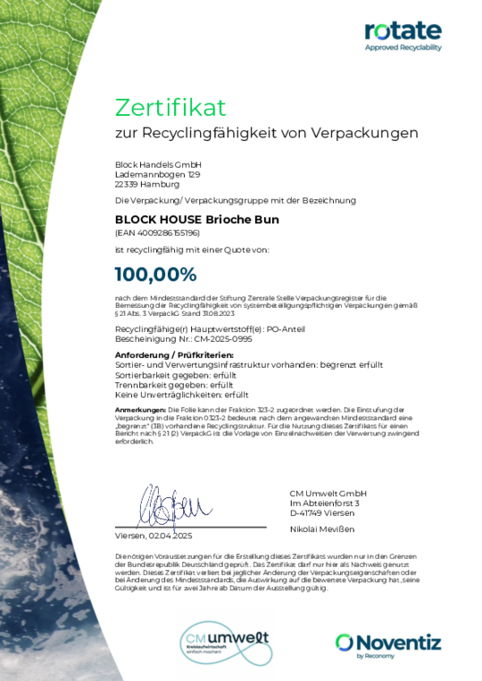 BLOCK HOUSE Kreislaufwirtschaft Zertifikat Brioche Bun